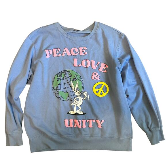 Sweatshirt VTG Peace Love & Unity Bugs Bunny Periwinkle Blue Unisex Loney Tunes - Picture 1 of 8